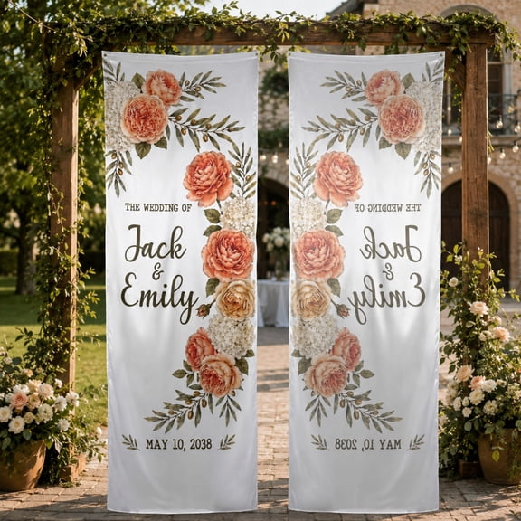 Emacom Ltd Personalized Fabric Wedding Welcome Banner, Custom Floral Entrance Sign, Ceremony Reception Decor for Wedding Events (10x30")