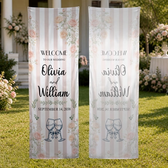 Emacom Ltd _Personalized Floral Wedding Fabric Welcome Banner, Custom Wedding Entrance Sign, Reception Ceremony Decor (10x30")