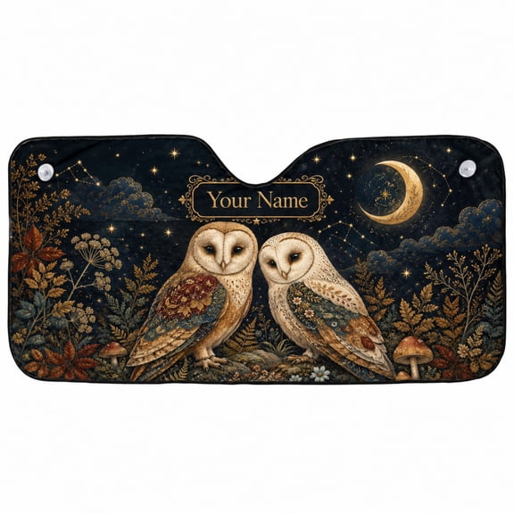 Emacom Ltd Personalized Owl Car Sunshade, Custom Name Celestial Moon Owls Windshield Sun Shade, Night Owl Auto Windshield Protector