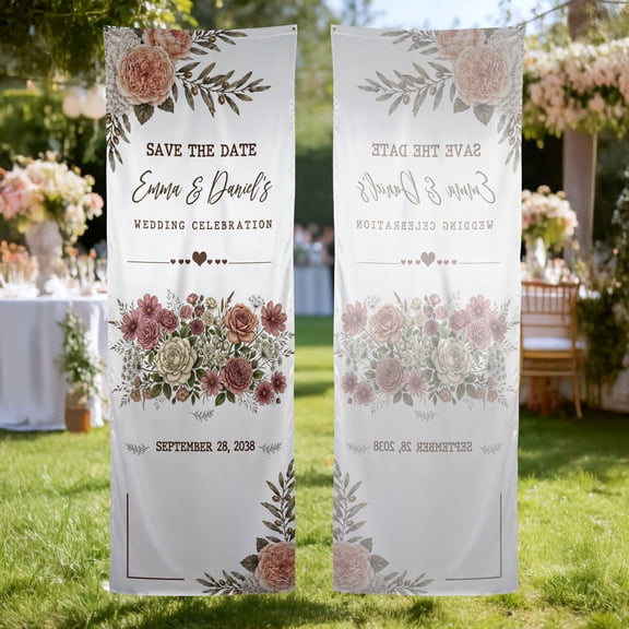 Emacom Ltd Personalized Save The Date Fabric Welcome Banner, Custom Wedding Celebration Sign, Floral Wedding Decor (10x30")