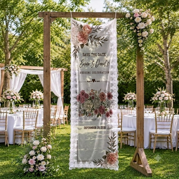 Emacom Ltd Personalized Save the Date Lace Welcome Banner, Custom Wedding Celebration Sign, Floral Wedding Decor (12x40")