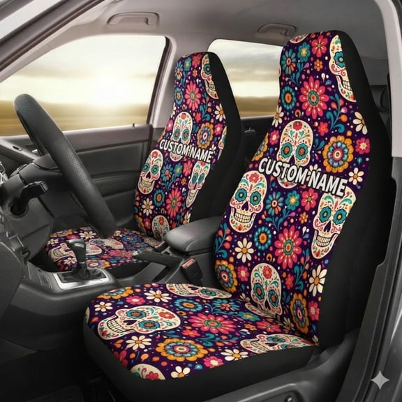 Emacom Ltd _Personalized Sugar Skull Car Seat Covers, Custom Day of the Dead Floral Seat Protectors, Boho Skeleton Auto Interior Accessories