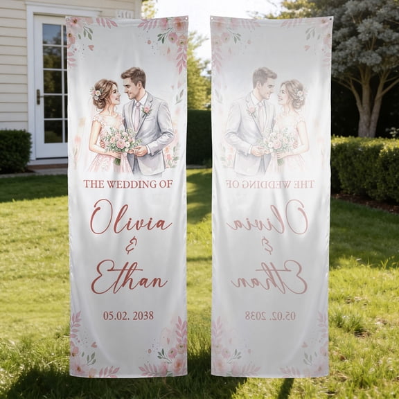 Emacom Ltd Personalized Wedding Fabric Welcome Banner, Custom Couple Portrait Wedding Sign, Romantic Ceremony Decor (35x100")