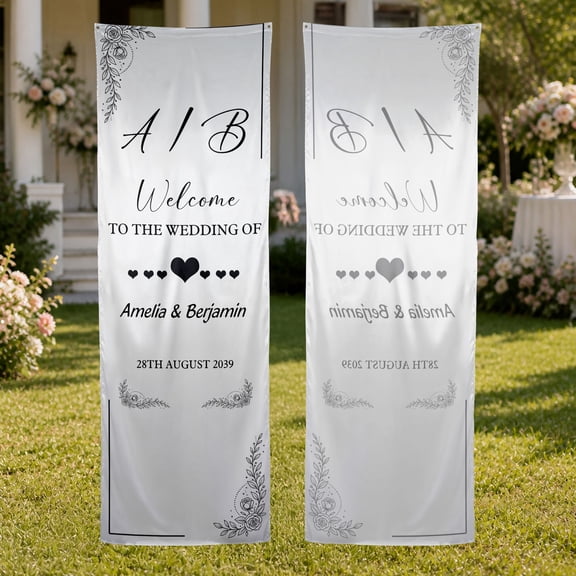 Emacom Ltd Personalized Wedding Fabric Welcome Banner, Custom Monogram Wedding Sign, Minimal Floral Ceremony Decor (10x30")