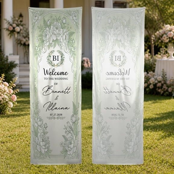 Emacom Ltd _Personalized Wedding Fabric Welcome Banner, Custom Wedding Entrance Sign, Elegant Floral Wedding Decor (10x30")