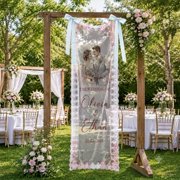 Emacom Ltd Personalized Wedding Lace Welcome Banner, Custom Couple Portrait Wedding Sign, Romantic Ceremony Decor 35x100"