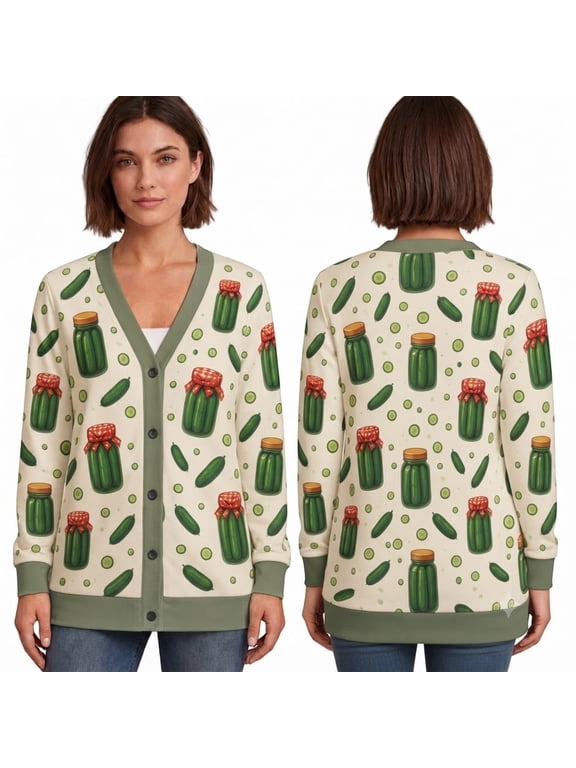Ltd Pickle Jar Cardigan, Cucumber Pickles Jar Food Pattern Button Front Sweater, Funny Pickle Printed Cardigan