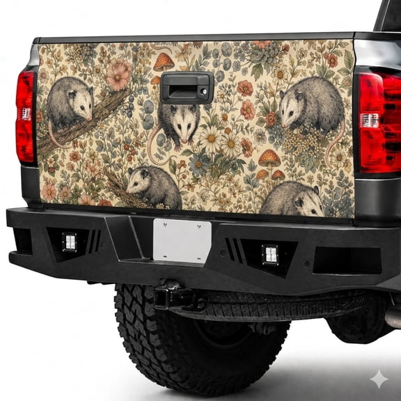 Emacom Ltd _Possum Tailgate Wrap, Vintage Woodland Animal Truck Tailgate Decal, Floral Forest Pickup Tailgate Graphic