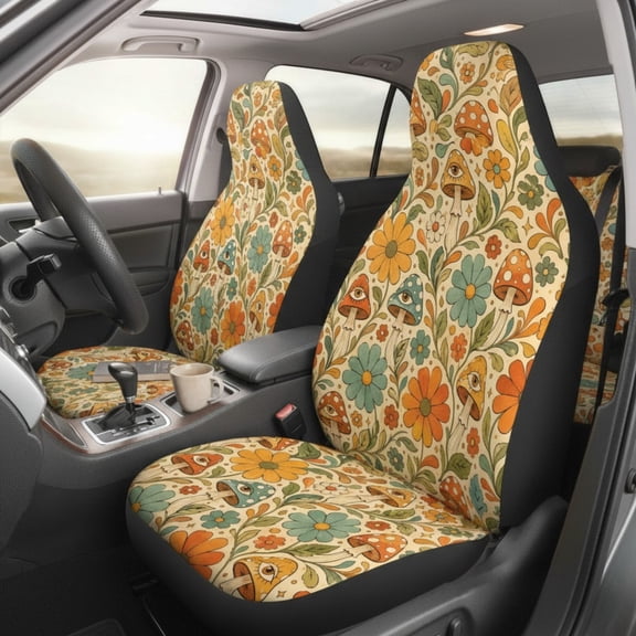 Emacom Ltd _Retro Mushroom Flower Car Seat Covers, Vintage Floral Auto Seat Protectors, Boho Cottagecore Front Seat Covers