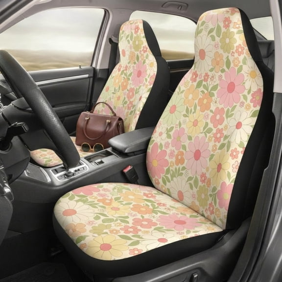 Emacom Ltd_Retro Pink Floral Car Seat Covers, Vintage Daisy Flower Auto Seat Protectors, Boho Hippie Vehicle Interior Decor