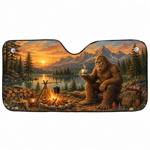Emacom Ltd Sasquatch Campfire Car Sunshade, Mountain Lake Sunset Windshield Sun Shade, Bigfoot Camping Auto Windshield Protector