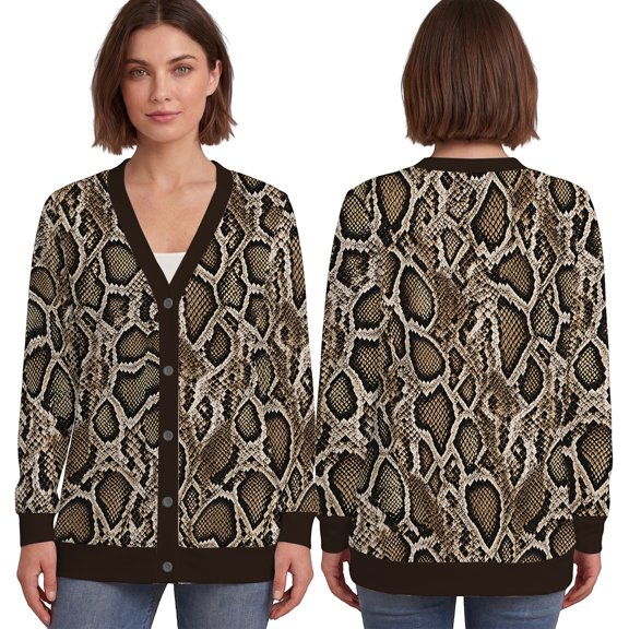 Emacom Ltd Snakeskin Button Front Cardigan, Brown Reptile Pattern Sweater, Python Snake Print Long Sleeve Cardigan