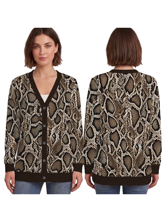 Ltd Snakeskin Button Front Cardigan, Brown Reptile Pattern Sweater, Python Snake Print Long Sleeve Cardigan