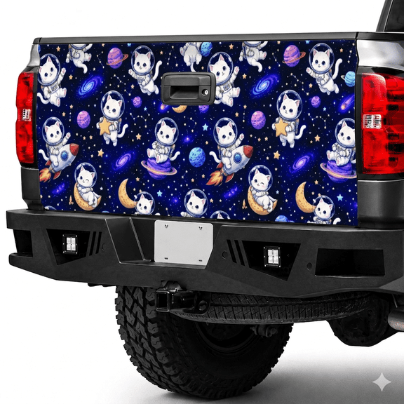 Emacom Ltd _Space Cat Tailgate Wrap, Astronaut Kitten Truck Tailgate Decal, Galaxy Cat Pickup Tailgate Graphic