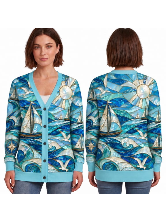Ltd Stained Glass Sailboat Cardigan, Ocean Waves Seagull Coastal Art Button Front Sweater, Nautical Sea Cardigan