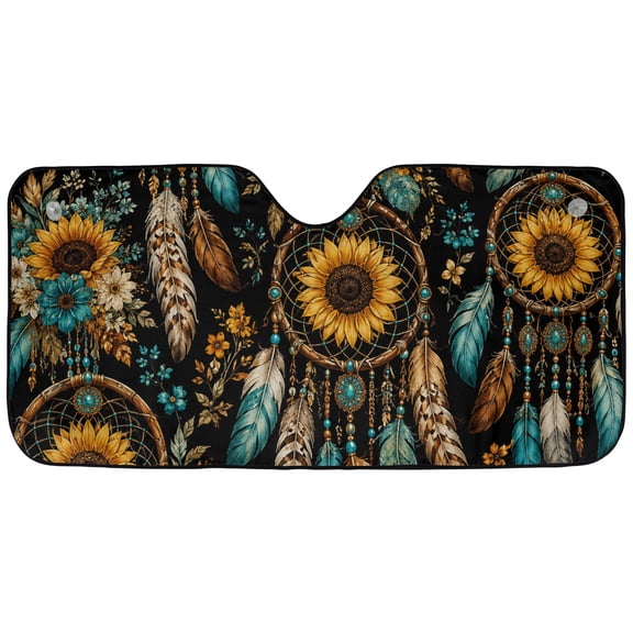 Emacom Ltd _Sunflower Dreamcatcher Windshield Sun Shade, Boho Sunflower Car Sunshade, Rustic Floral Front Window Sun Visor Protector
