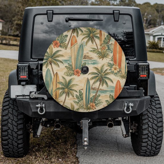 Emacom Ltd Tropical Surf Spare Tire Cover for Vehicle Rear Wheel, Palm Tree Beach Wheel Protector (27")