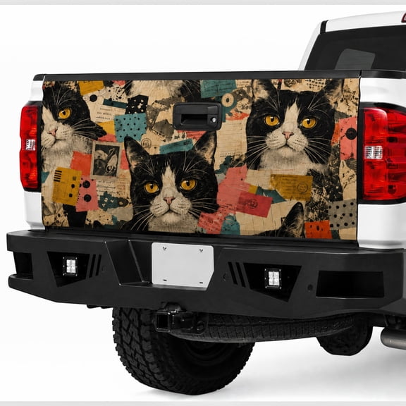 Emacom Ltd _Vintage Cat Tailgate Wrap, Retro Collage Truck Tailgate Decal, Artistic Pickup Tailgate Graphic Cover