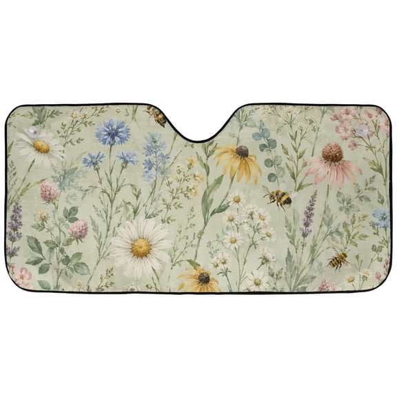 Emacom Ltd _Wildflower Meadow Windshield Sun Shade, Bee Floral Sun Visor, Botanical Daisy Car Front Window Protector