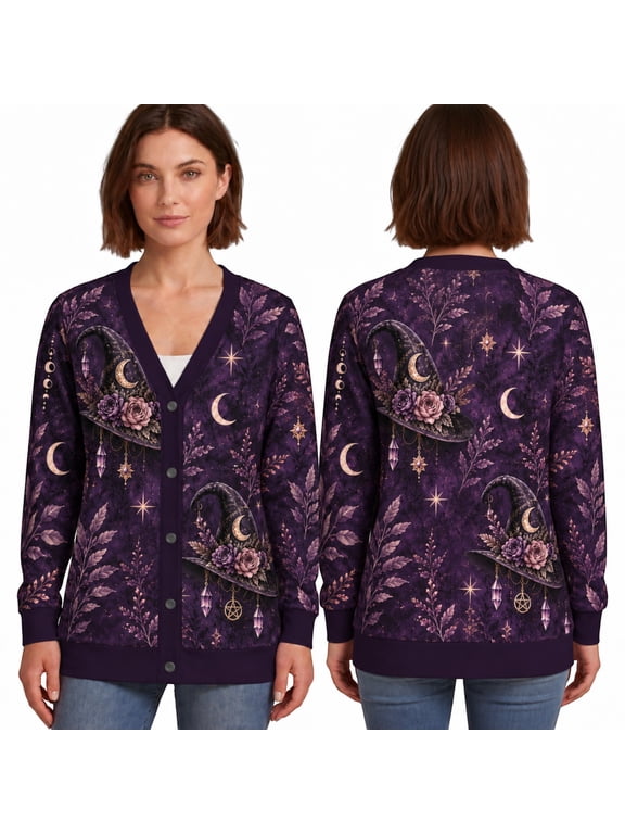 Ltd Witch Hat Cardigan, Purple Crescent Moon with Floral Witch Hats and Stars, Mystical Botanical Long Sleeve Sweater