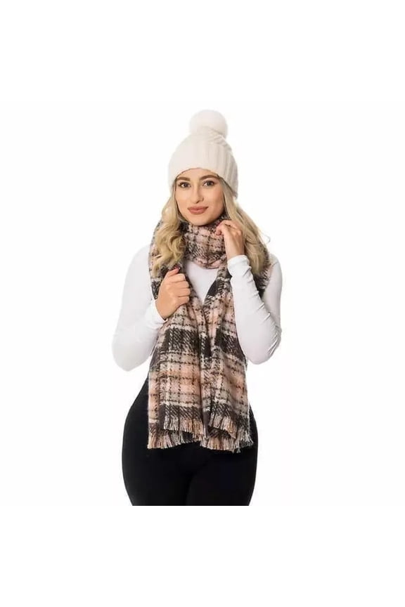 Ladies' Faux Fur Pom Plaid Hat, Scarf & Glove Set, White/Pink - One Size