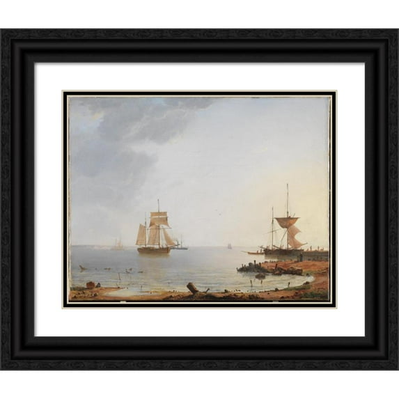 Emanuel Larsen 18x15 Black Ornate Wood Framed Double Matted Museum Art Print Titled - Ships off the Coast of Zealand. Morning (1845)