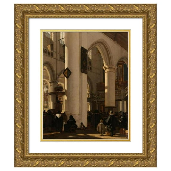Emanuel de Witte 20x24 Gold Ornate Framed and Double Matted Museum Art Print Titled - Interior of a Protestant, Gothic Church During a Service (1669)