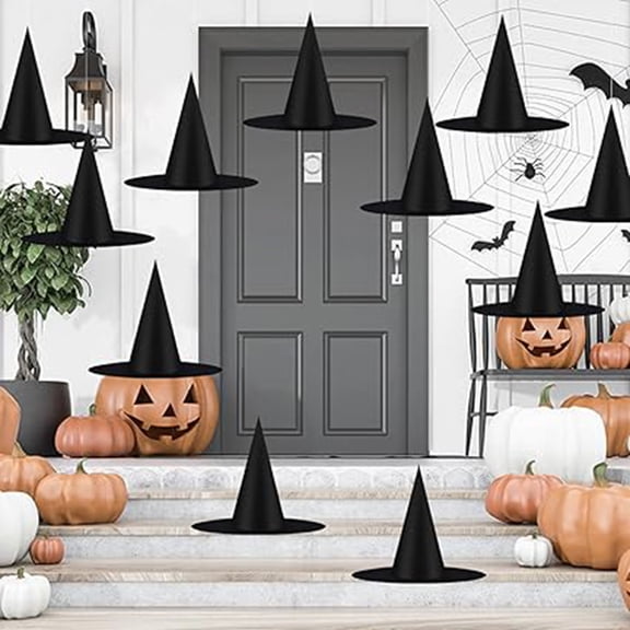 Emapoy Halloween Black Witch Hats with Hanging Rope, Adults and Kids Party Decoration, 12 Pcs