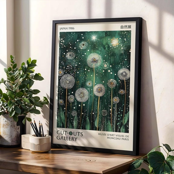 Emarald Green Dandelion Art Print Poster Abstract Flower Poster Japanese Inspired Nature Wall Art Kusama Style Gallery Exhibition Living Room Decor, Size 8x12 UNFFRAMED F03.1.6l1684