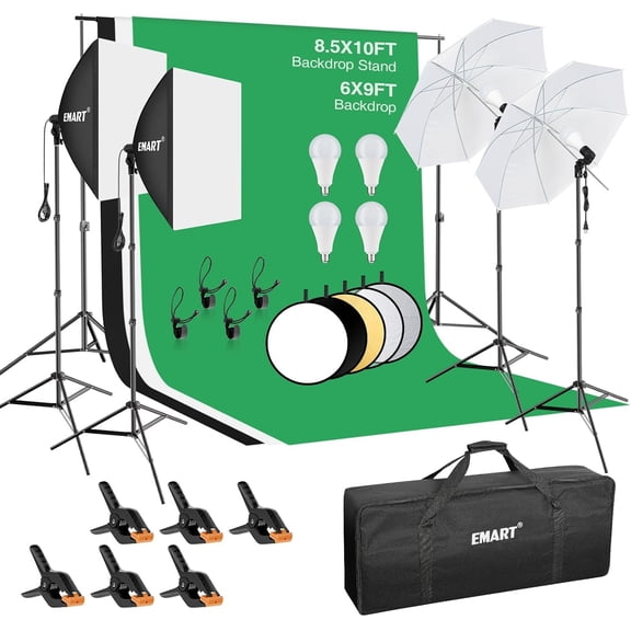 EMART 8.5×10ft Adjustable Photography Lighting Kit with 6x9ft Backdrops, 50W LED, Reflector, Umbrellas & Soft Box, Photo Studio Equipment