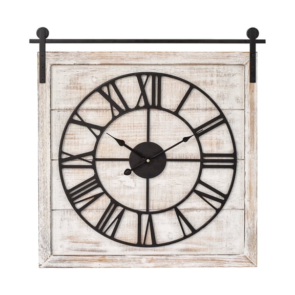 EMAX HOME 24Inch Quartz Traditional Wall Clock, Silent, White Distressed Wood Frame, Roman Numerals