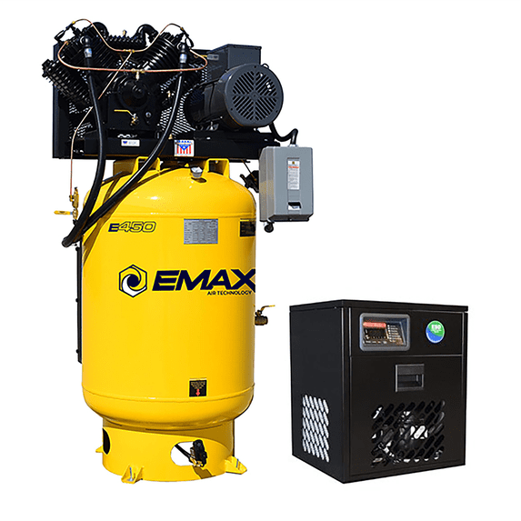 Emax Compressor Silent Industrial Plus 10 HP 1-Phase 120 gal. Vertical Compressor with 58 CFM Dryer Bundle-With Pressure Lube Pump