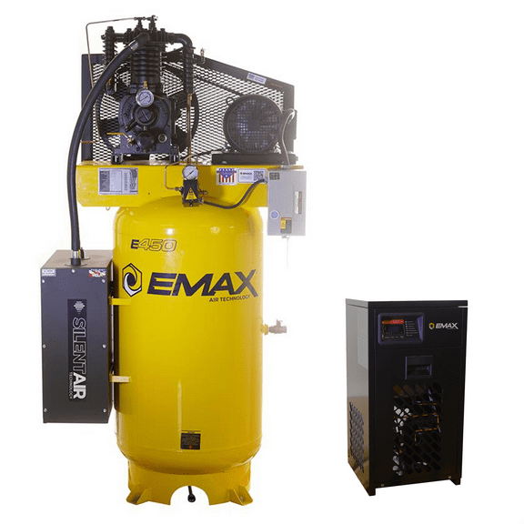Emax Compressor Silent Industrial Plus 5 HP 3- Phase 2-Stage 80 Gal. Vertical Compressor with 30 CFM Dryer Bundle-With Pressure Lube Pump
