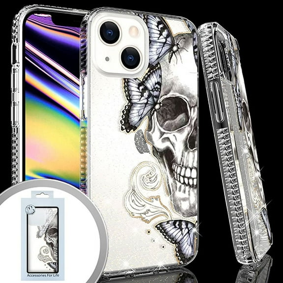 Emax Glitter Skull Image Candy Case for iPhone 13 (6.1") - Clear/Purple