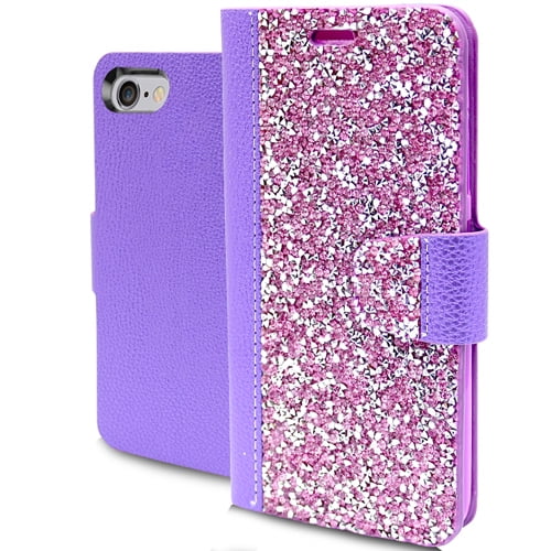 Emax Rock Rhinestone Bling Wallet Case for iPhone 8 Plus & 7 Plus (5.5") Purple
