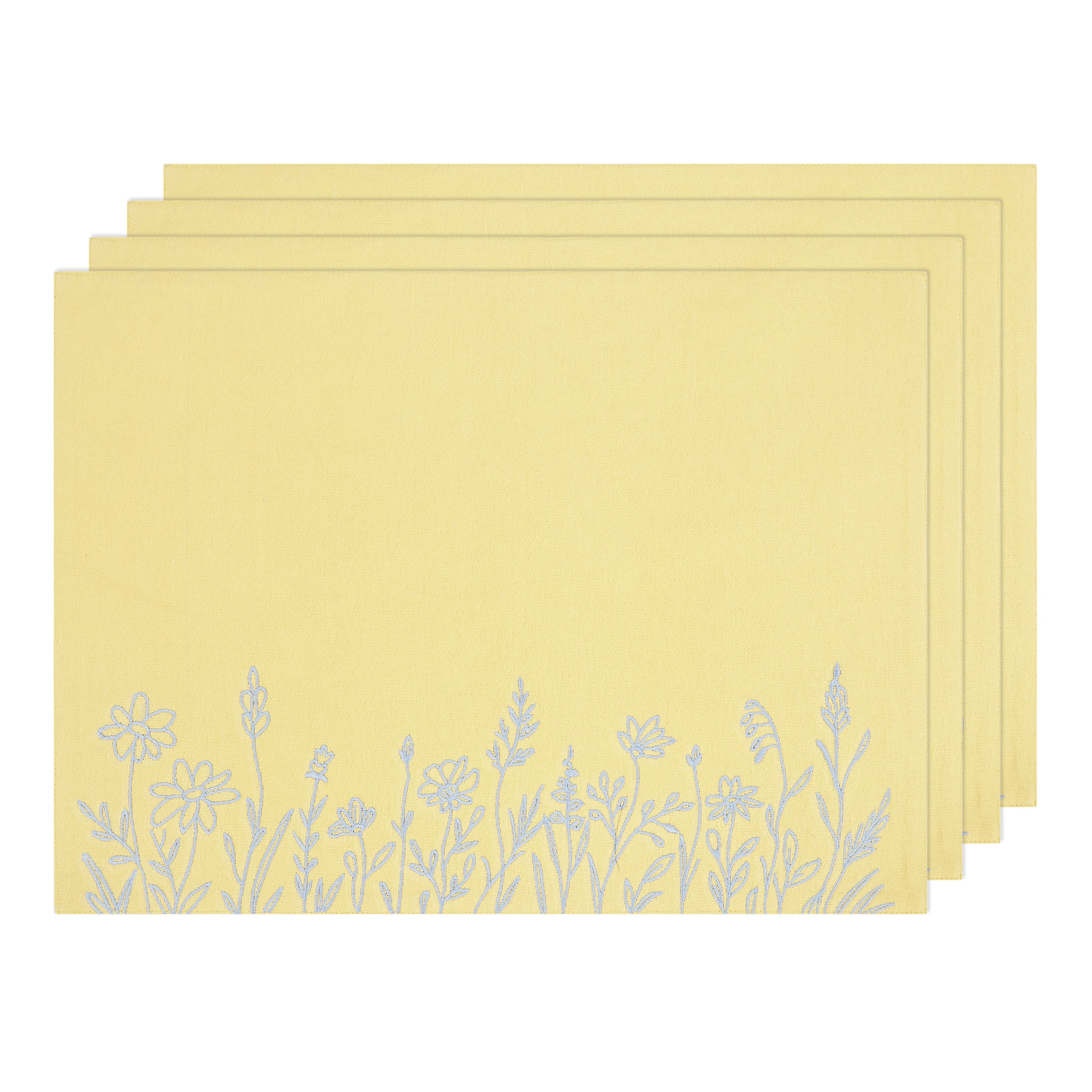 Easter Embroidered Floral 4 pack Table Placemat Set - 14" x 19" Each - 100% Cotton, Yellow