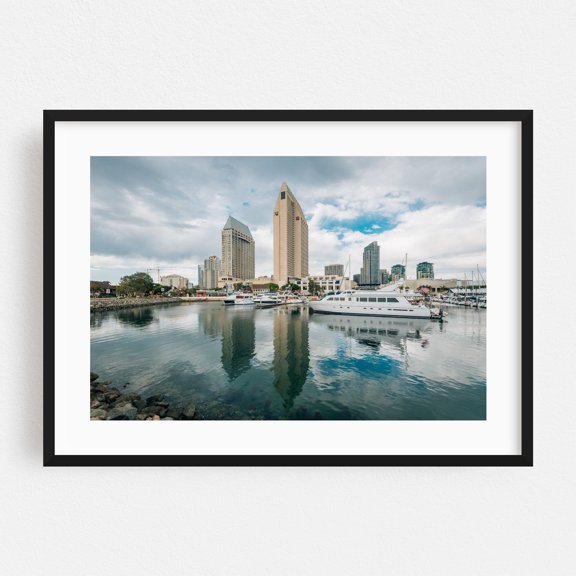 From the Embarcadero 02 - San Diego California Photography Harbor Skyline Boat City Architecture Travel Poster Black Framed Wall Art Print 5 x 7 inches