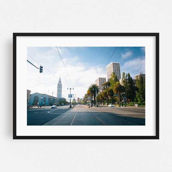 Embarcadero Street, San Francisco - San Francisco California Photography Cityscape Architecture Skyline Street Photography Palm Tree Travel Poster Black Framed Wall Art Print 5 x 7 inches