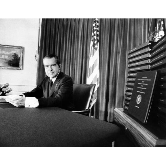 Embattled President Richard Nixon Beside Transcripts Of His 'Secret' White House Tape. Nixon Was Photographed After His Televised Address On The Release Of The Edited Transcripts To The House