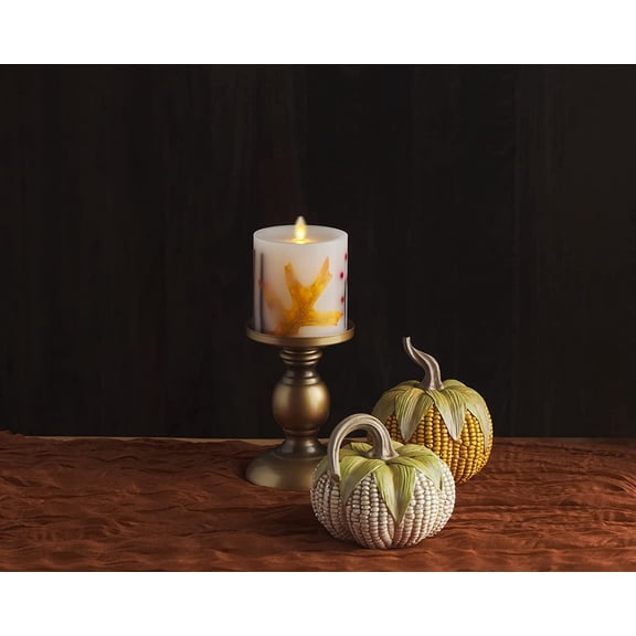 Embedded Flameless LED Candle - Orange Leaf 3.5" x 4.5" - Moving Flame Pillar, Battery Operated Timer, Real Wax, Unscented, Safe