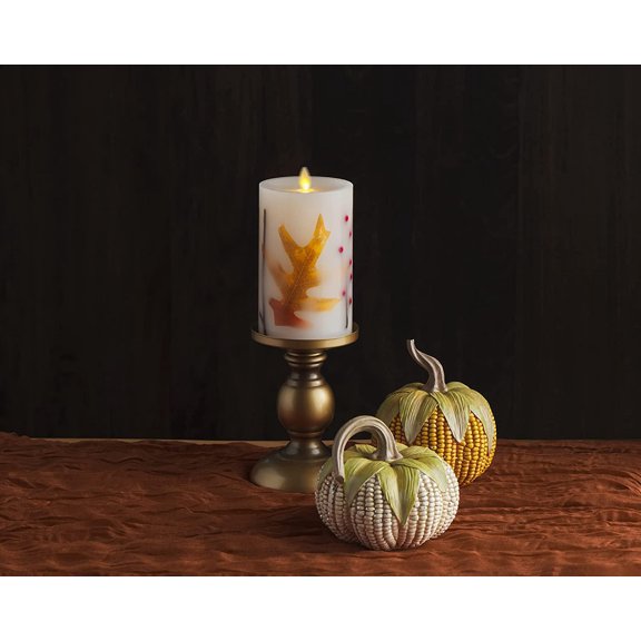 Embedded Flameless LED Candle - Orange Leaf 3.5" x 6.5" - Moving Flame Pillar, Battery Operated Timer, Real Wax, Unscented, Safe