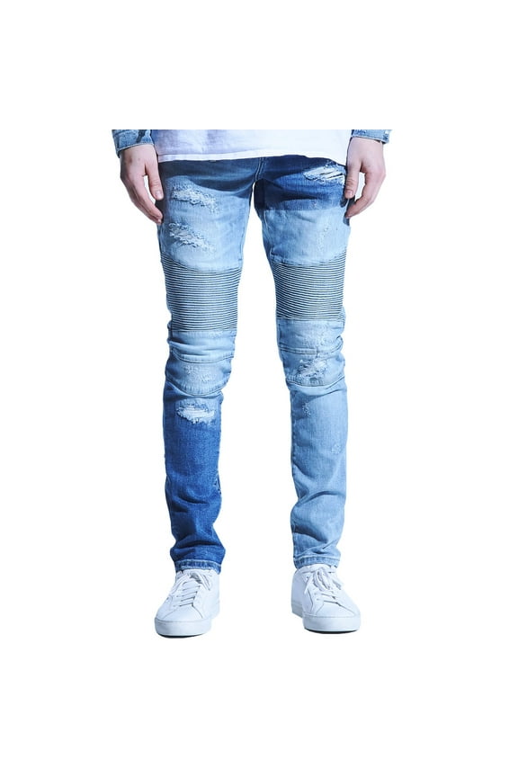 Embellish Langford Biker Denim Jeans Patchwork Light Indigo