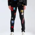 thumbnail image 1 of Embellish NYC Men's Devin Embroidered Patches Skinny Fit Stretch Denim Jeans (30, Black), 1 of 3