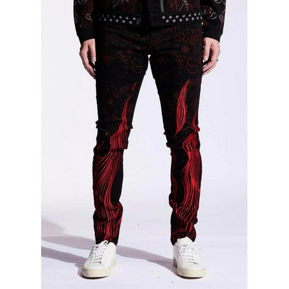Embellish NYC Men's Eulogy Black/Red Embroidered Skinny Fit Stretch Denim Jeans (36, Black/Red)