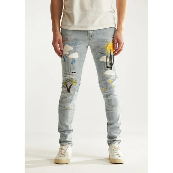 Embellish NYC Men's Indio Embroidered Distressed Skinny Fit Stretch Denim Jeans (36, Light Blue)