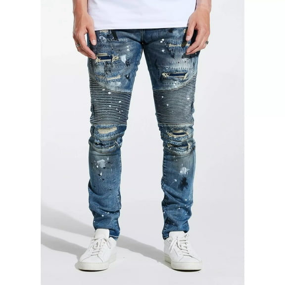 Embellish NYC Men's Moto Biker Rip & Repair Distressed Skinny Fit Denim Jeans (38, Indigo Blue)
