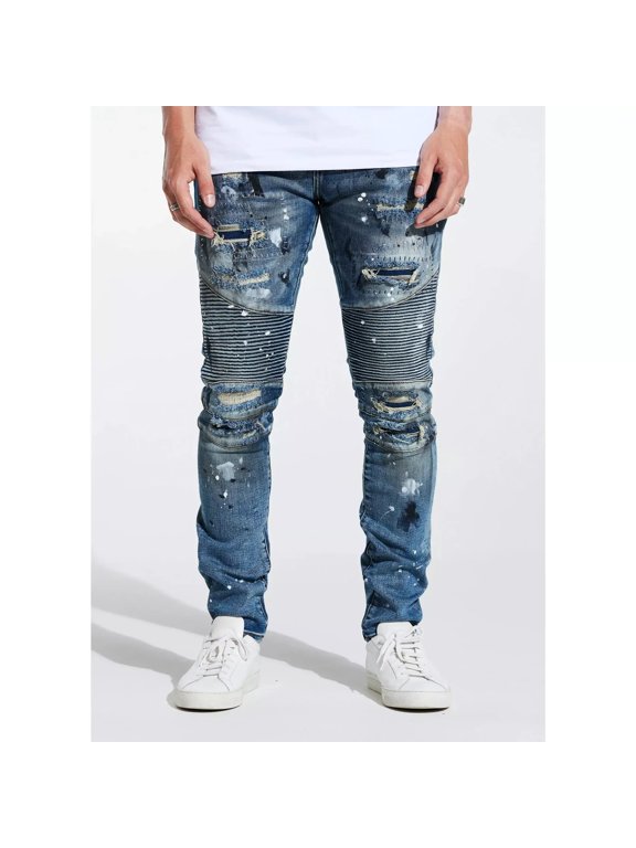Men's Moto Biker Rip & Repair Distressed Skinny Fit Denim Jeans (38, Indigo Blue)