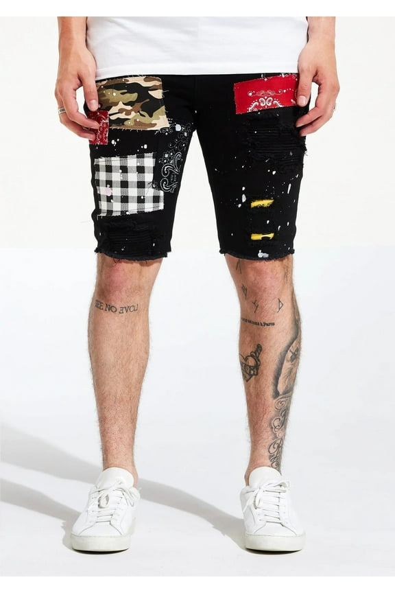 Men's Patchwork Paint Splatter Distressed Skinny Denim Jean Shorts (38, Black)