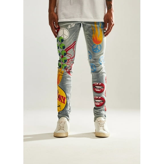 Embellish NYC Men's Peace All Over Painted Blue Skinny Fit Stretch Denim Jeans (38, Blue Stonewashed)