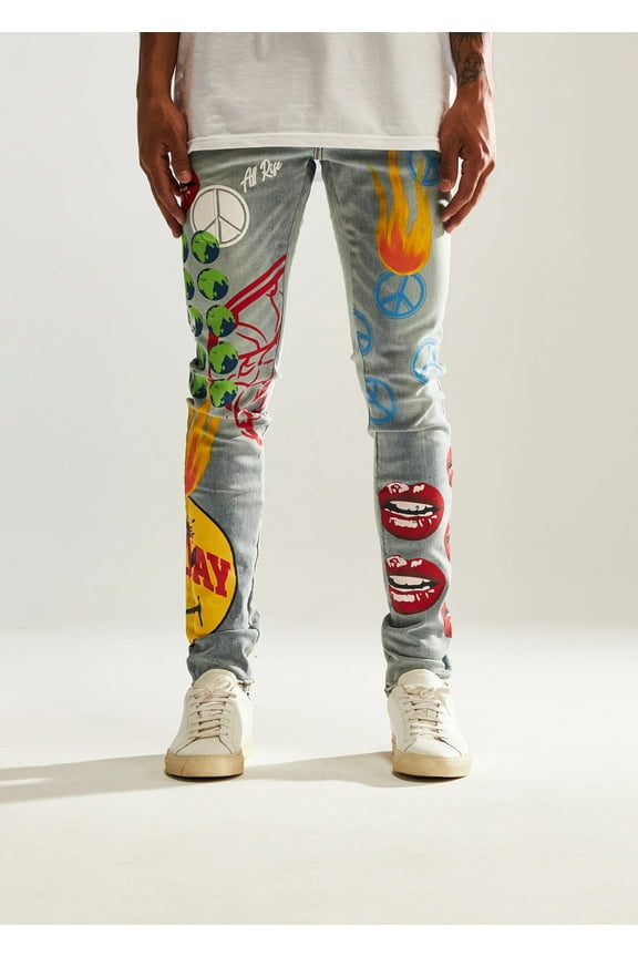 Men's Peace All Over Painted Blue Skinny Fit Stretch Denim Jeans (38, Blue Stonewashed)